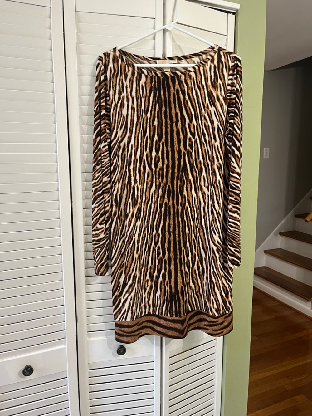 Michael Kors Long-Sleeve Animal-Print Shift Dress in Brown, Black, Cream